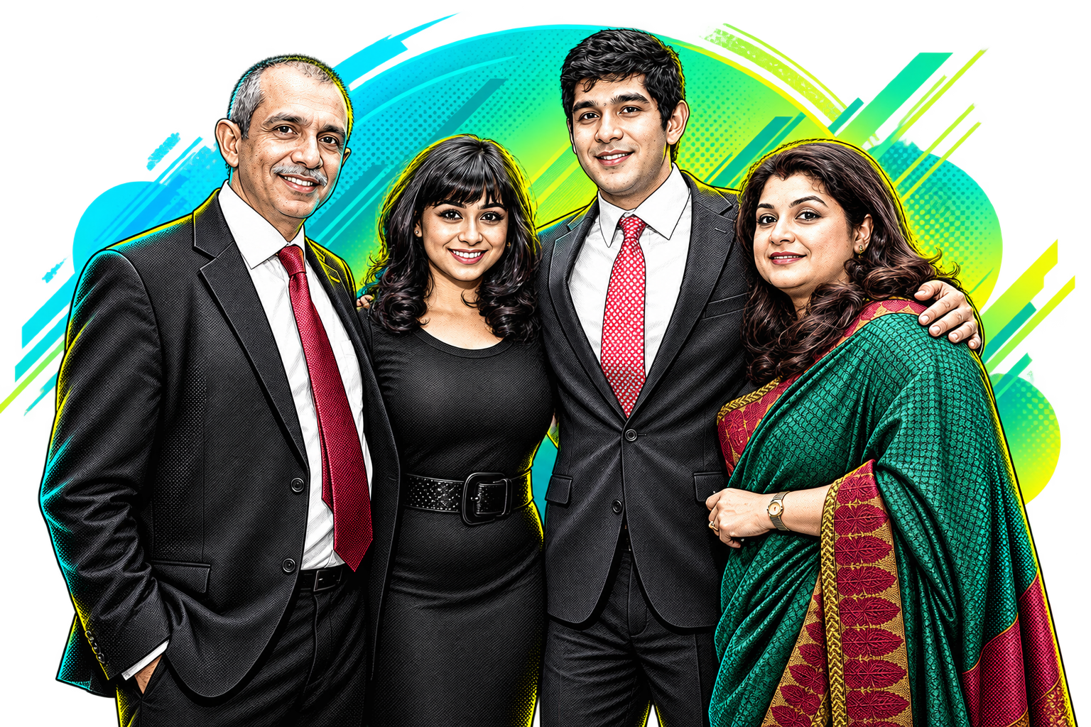 Rakesh, Shweta, Sid and Saloni Wahi, illustrated in engraved line-art against a cyan and lime gradient.